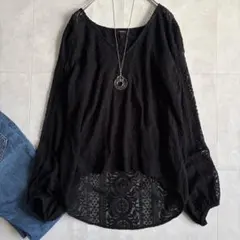 Theory レースVネックブラウス 黒 S 刺繍 シルク シアー 長袖