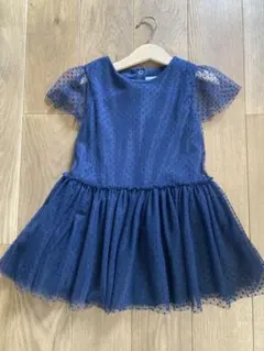 ネイビー ドット柄 ワンピース フリル袖