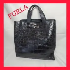 FURLA クロコ型押し トートバッグ ブラックのサムネイル