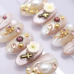 612ネイルチップSサイズ 韓国 上品ゴージャス ビジュー パール クロス 立体