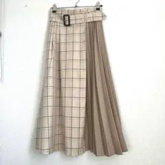 イング ベージュ系チェック プリーツロングスカート