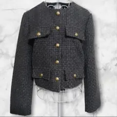 【完売品】H&M ダークグレー　ノーカラージャケット　ツイード　S　金ボタン