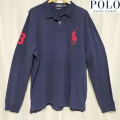 【古着】POLORALPHLAURENビッグポニー 3長袖ポロシャツ紺×赤 XL