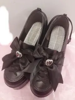 ビジューリボン付きローファー厚底パンプス 量産型 地雷 厚底靴