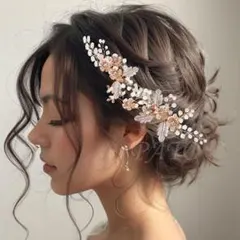 フラワー リーフ ヘッドドレス 3点セット★ピンクゴールド★ブライダル 結婚式