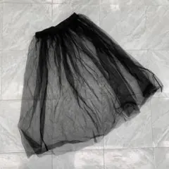 チュールスカート ロング丈透け感シース ルーブラック ウエストゴムLサイズ