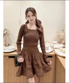 売り切り！Darich バルーンボーダーニットミニワンピース Free ブラウン