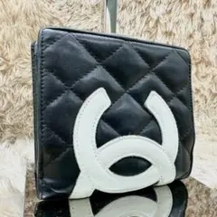 【美品】シャネル 二つ折り財布 がま口 ブラック バイカラー カンボンライン