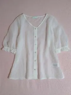 アースミュージック＆エコロジー 五分袖透けブラウス 水玉柄 ナチュラルガーリー