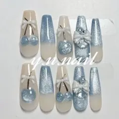 ネイルチップ♡ブルー 青 量産型地雷韓国ワンホンイニシャルさくらんぼ