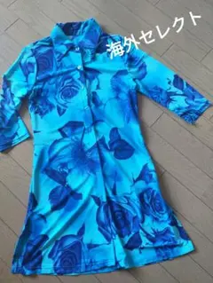 海外セレクト】花柄プリントロングチュニック ブラウスジャケットブルー薔薇柄ワンピ