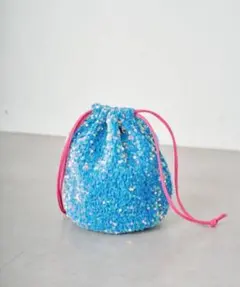 青色スパンコール巾着バッグ