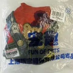 【未使用品】ペット服 デニムオーバーオール風 くま付き レッド 犬服