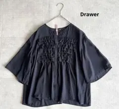 2025✨Drawer シルク混 シフォン フリル ブラウス ネイビー 36