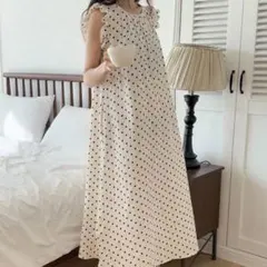 ドットワンピース ロングワンピ ルームウェア ネグリジェ パジャマ 水玉 白×黒
