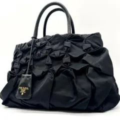 極美品 PRADA プラダ ギャザー ハンドバッグ フリル ナイロン 黒 A4