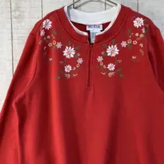 古着　長袖　スウェット 裏起毛　ハーフジップ　プリント　アメカジ ダサカワ