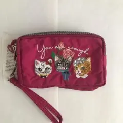 ネコ刺繍3連ファスナーポーチ　ローズ色【新品・未使用】