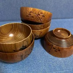 木製汁椀 5個セット 彫刻模様入り　昭和　アンティーク　和
