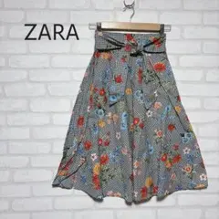 【ZARA BASIC】ギンガムチェック花柄フレアスカートリボンミモレ丈