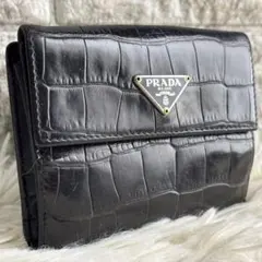 【超激レア 良品】プラダ　二つ折り財布　クロコ型押し　三角ロゴ　レザー　ブラック