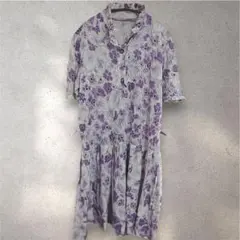 ヴィンテージ 花柄 ワンピース 半袖 ギャザー L 紫 古着