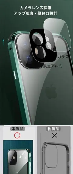 iPhone12ケース カメラ保護両面クリアケース　緑　iphoneケース