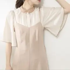 natural パール釦ポイントバイカラーフレア5分袖ブラウス