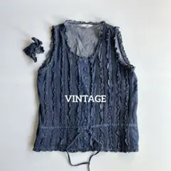 希少 ヴィンテージ レトロ フリルたっぷり デニムベスト インディゴ ブルー M