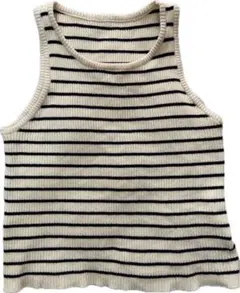 アイボリー・ブラックストライプ ミニ丈ノースリーブトップス