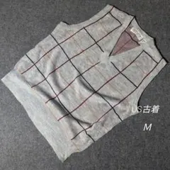 US古着 グレー チェック柄 Vネック ニットベスト M