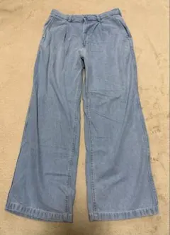 ライトブルー ワイドパンツ ゴムウエスト