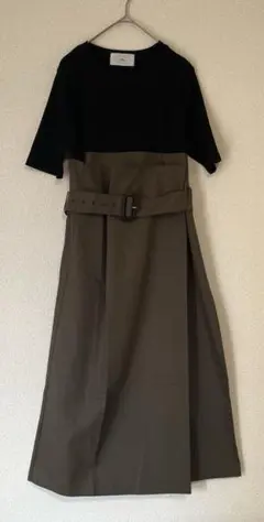 【未使用品】Vin 黒/カーキ 半袖ワンピース 巻きスカート調 Mサイズ