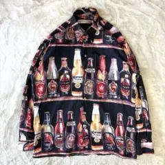 90s ヴィンテージ　XL ￼長袖　シャツ　総柄　ビール　酒　レトロ　一点物　黒