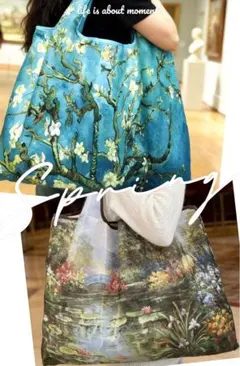 油絵デザインバッグ花柄D K大容量エコバッグ 折りたたみ買い物袋 収納袋2枚