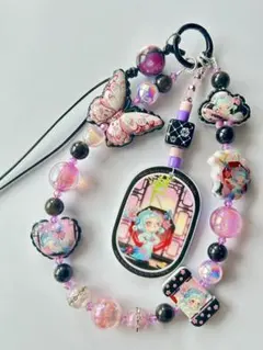 蝶々×ピンクパープル ・ブラックビーズストラップ 大人可愛い
