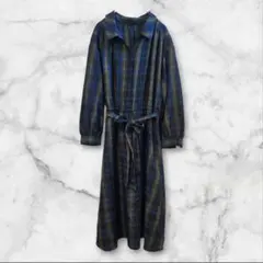 ナチュラルビューティーベーシック チェック柄 ロングワンピース S 緑 長袖