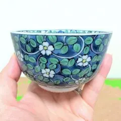 3861：美濃焼 庫山窯 湯のみ 2客 染付色絵 緑彩小紋 茶器揃 小鉢