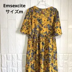 美品】エムズエキサイト 花柄 半袖 ひざ丈ワンピース マスタード