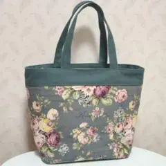 レトログレーとヴィンテージローズ　あおり トートバッグ 中 ハンドメイド