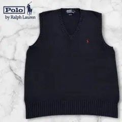90s ラルフローレン ナイガイ製 ニットベスト コットン L 紺 赤ポニー