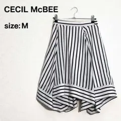 CECIL McBEE スカート 白黒 フレア ストライプ ウェストゴム M