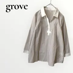grove シャツ ブラウス Vネック グレー ストライプ 7分袖 M 仕事