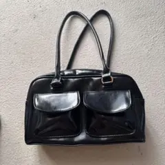 ブラックロングハンドルバッグ フロントポケット付き