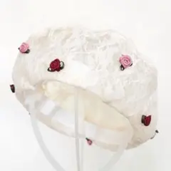 ロリータベレー帽　ローズを散りばめた総レースの帽子　クラ甘ロリ　春　薔薇