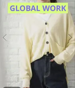GLOBAL WORK M ライトイエロー　スッキレイVネック長袖カーディガン