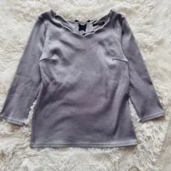 イング　カットソー　スカラップネック　トップス　グレー　リブ　リボン　M 7分袖