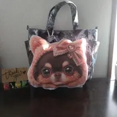 ハンドメイドデニム風バラ柄ミニトートバッグ チワワデカデカクッションチャーム付きのサムネイル
