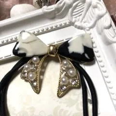 一点物★⭐︎ヘアゴム49キラキラストーンとパール付華麗リボン合金アセチヘアゴム牛柄