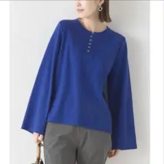 ブルー OMNES リブワイドスリーブ ヘンリーネック長袖 トップス